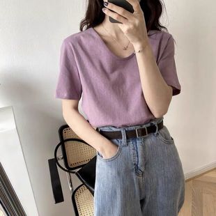 上衣服 ins超火T恤女夏装 V领纯色短袖 体桖韩版 潮网红学生宽松半袖