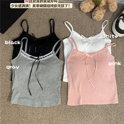 芭比粉色蕾丝v领背心吊带百搭