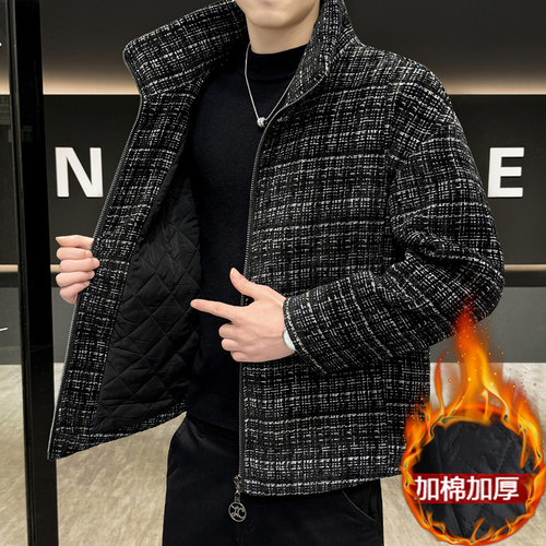 冬季新款毛呢夹克男士休闲格子棉衣痞帅高级感保暖棉服外套1223u