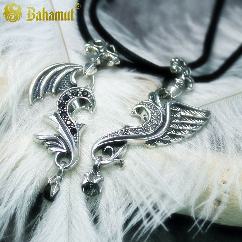 天使恶魔吊坠纯银情侣爱心项链