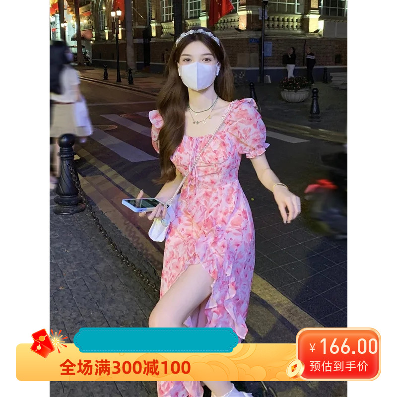 大码女装温柔风法式碎花连衣裙女夏胖mm收腰显瘦荷叶边开叉长裙子