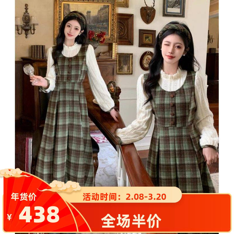 学院风假两件绿色格子连衣裙子秋冬季女装2025新款小个子穿搭长裙