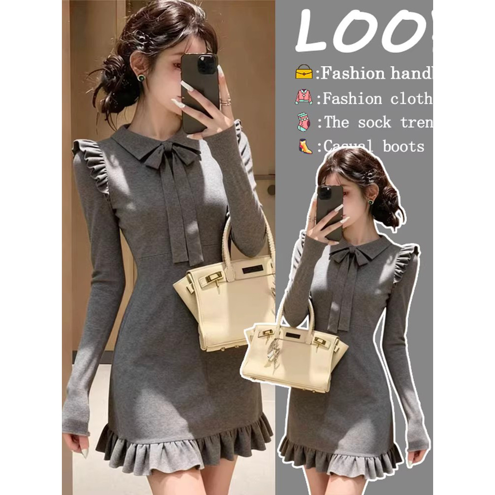 超好看娃娃领木耳边灰色针织连衣裙女秋冬小个子配大衣打底毛衣裙