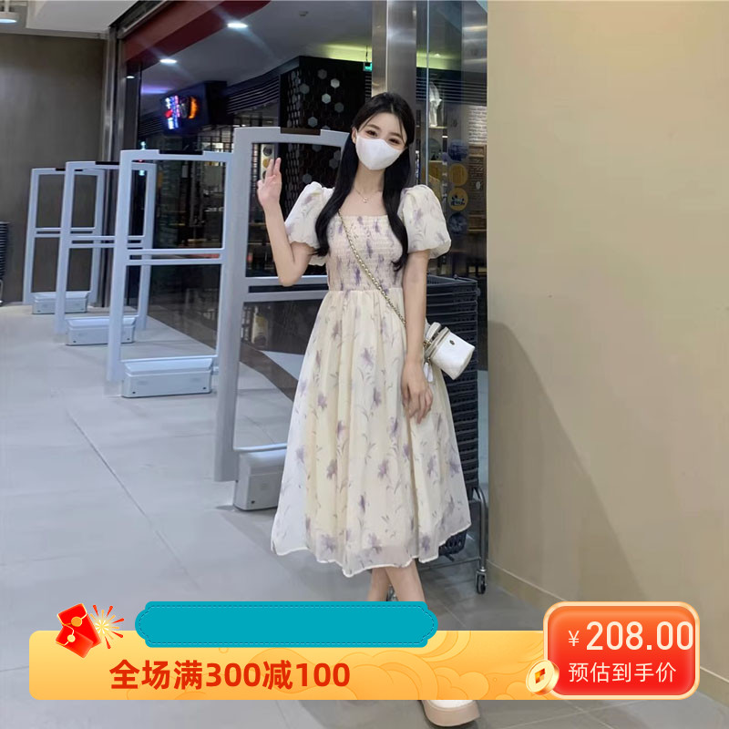 大码女装韩版方领泡泡袖碎花连衣裙夏季收腰显瘦气质长裙胖MM