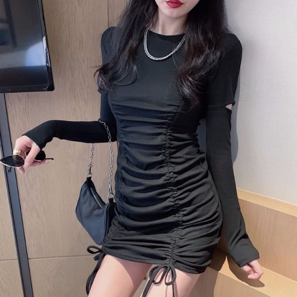 心机圆领长袖抽绳包臀连衣裙仙女早秋季高腰短裙子气质显瘦一步裙