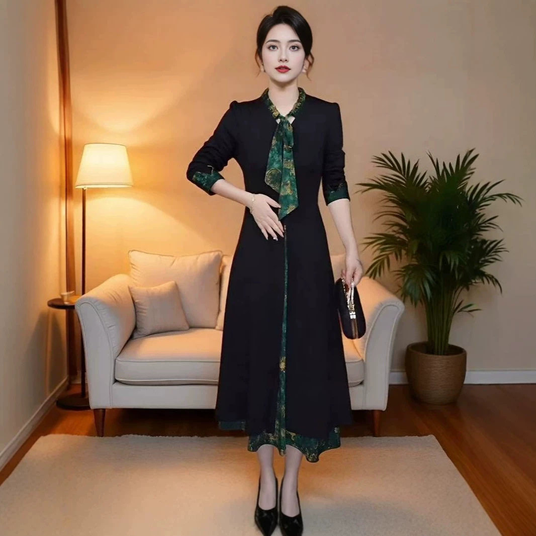 春秋气质妈妈装假两件连衣裙复古印花飘带长袖收腰显瘦中长款长裙