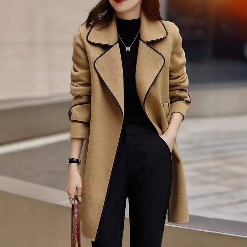 2026秋冬新款时尚宽松显瘦拼色通勤韩版纯色中长款毛呢大衣外套女