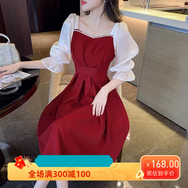 甜美法式红色连衣裙女五分袖夏季新款收腰显瘦中长裙A字裙子