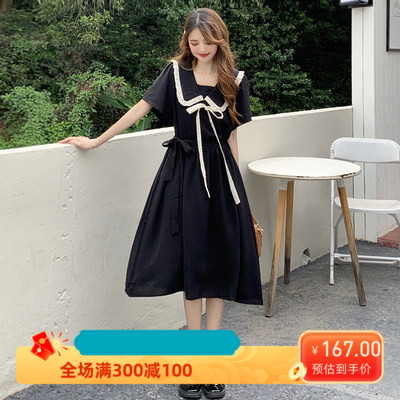有腰带娃娃领连衣裙女夏季新款收腰显瘦a字裙减龄仙女长裙