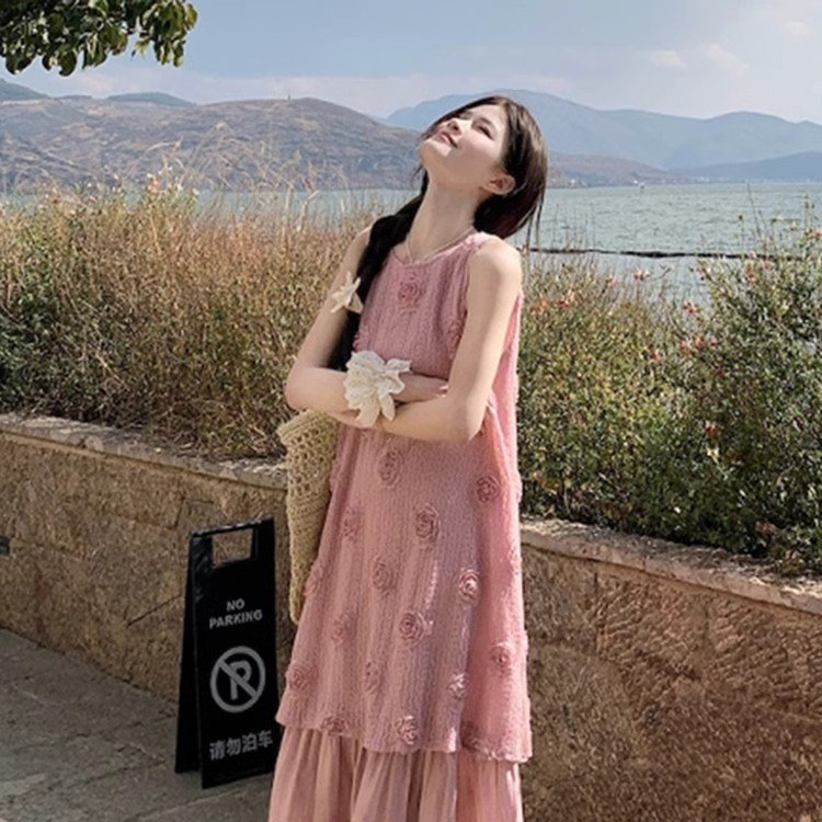 大码胖mm夏季法式复古温柔风假两件百褶无袖背心连衣裙女气质长裙