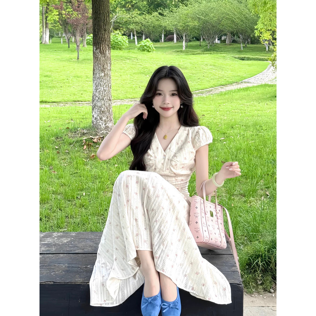 学院风甜美碎花收腰连衣裙女夏温柔气质初恋公主裙修身长裙小个子