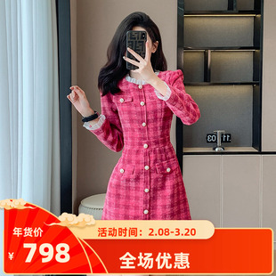 实拍2024富家千金小香风粗花呢连衣裙秋冬季法式轻奢名媛拼接短裙