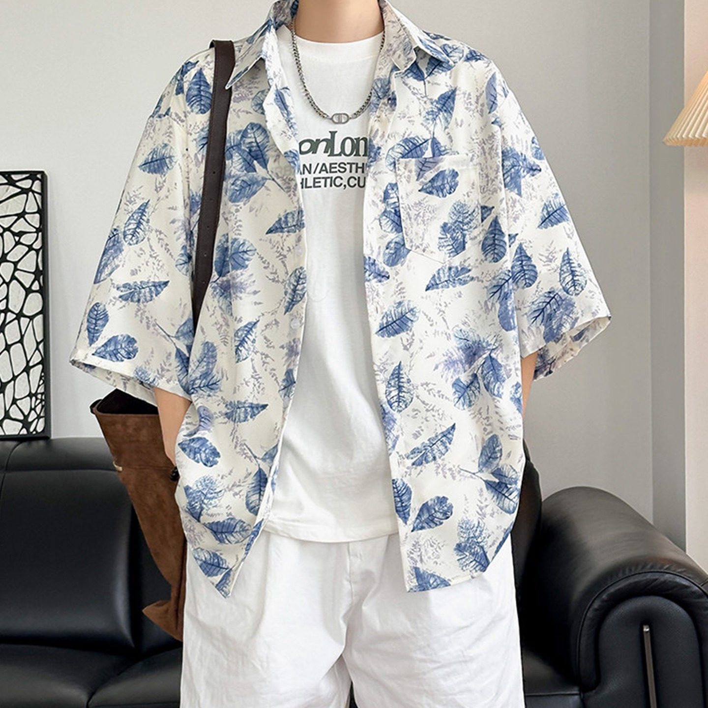 2026新款夏季男士树叶印花短袖衬衫时尚百搭轻薄垂感衬衣潮牌外套