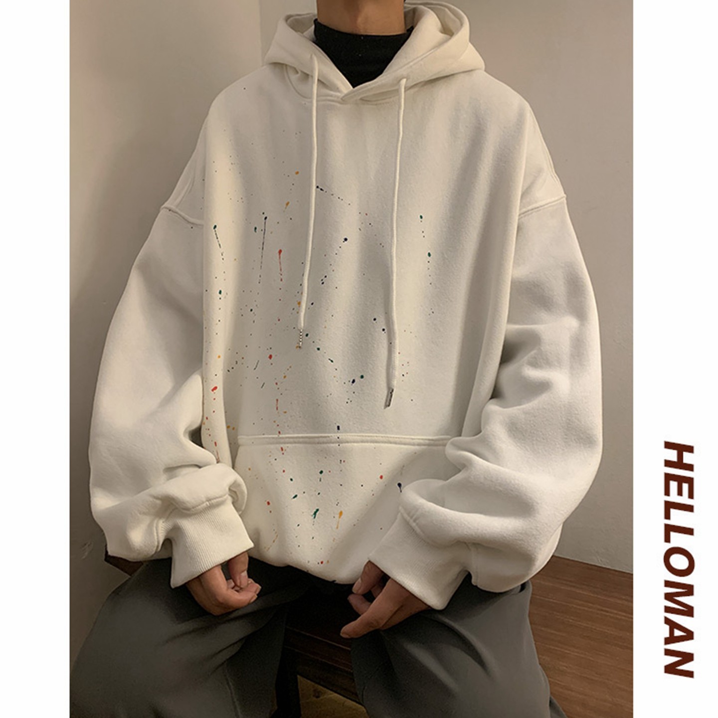 个性加绒加厚男士连帽印花上衣青少年时尚保暖内搭中学生潮牌卫衣