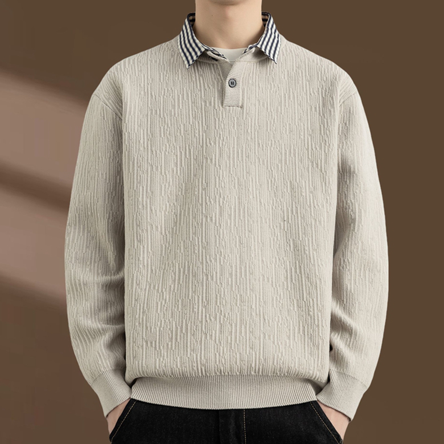 侨迪蒙拉高级感衬衫领针织衫男秋冬季假两件加厚内搭潮牌毛衣打底