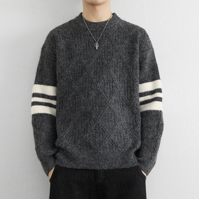 侨迪蒙拉秋冬季新款菱形提花休闲时尚百搭保暖圆领毛衣针织衫男