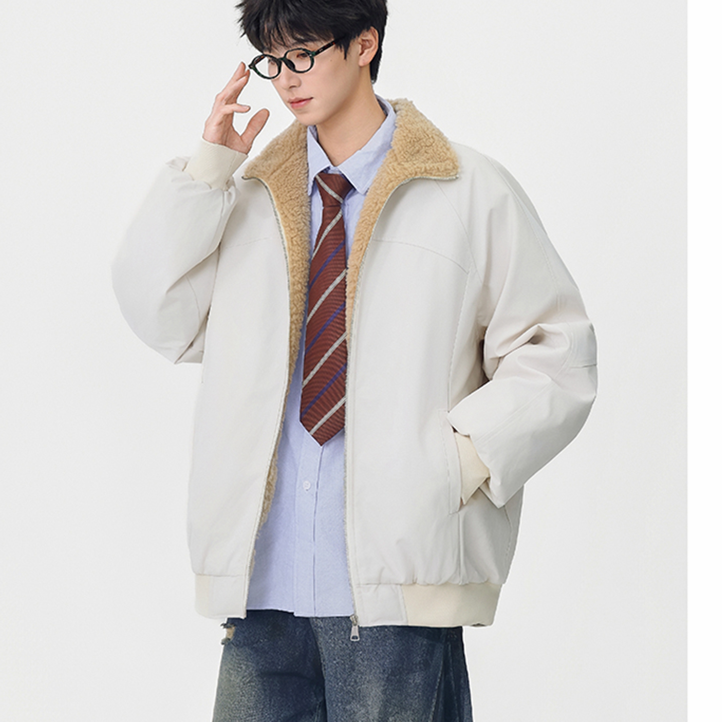 潮男秋冬季个性毛绒内胆青少年棉衣中学生加厚保暖夹克时尚外套