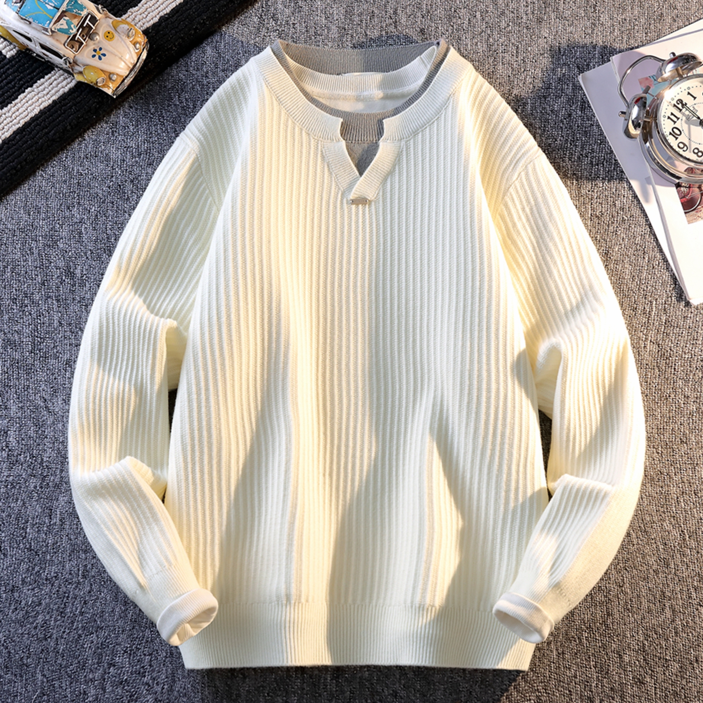 侨迪蒙拉假两件肌理感男士套头针织衫时尚高品质加厚内搭潮流毛衣