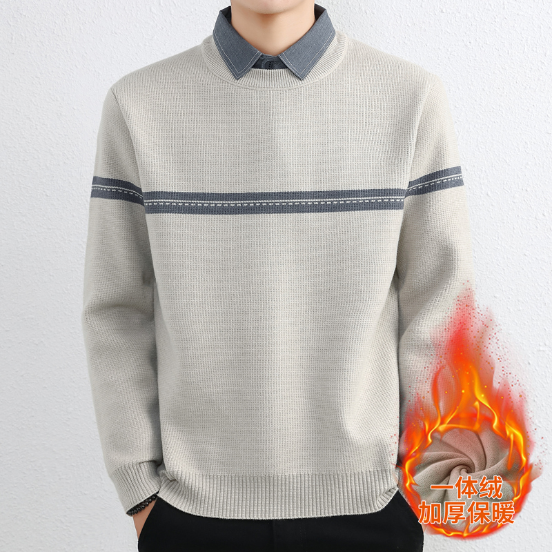 侨迪蒙拉秋冬季一体绒假两件毛衣男加绒加厚保暖衬衫领针织衫内搭