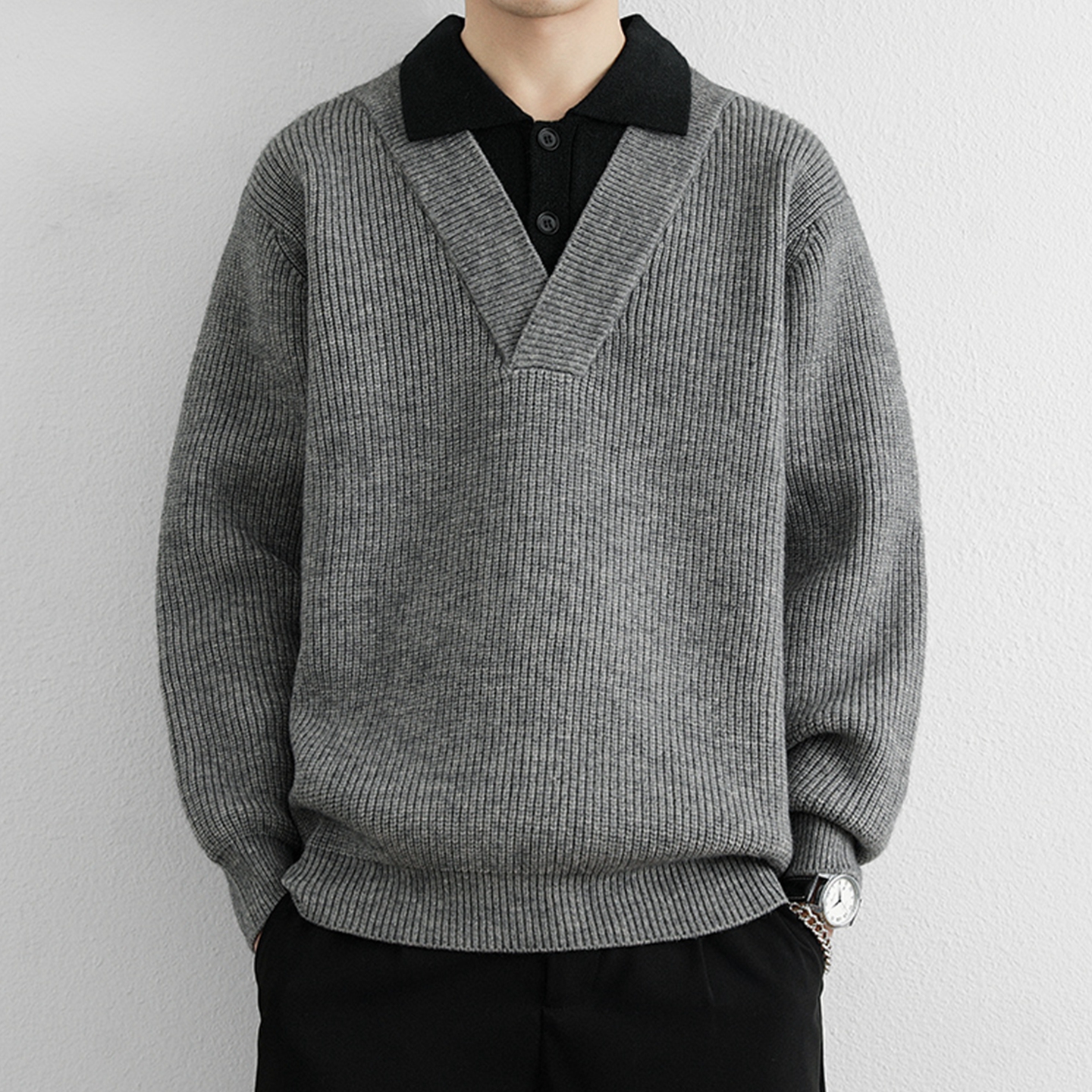 假两件新款男士翻领针织上衣青少年时尚拼色微阔版线衣潮牌毛衣