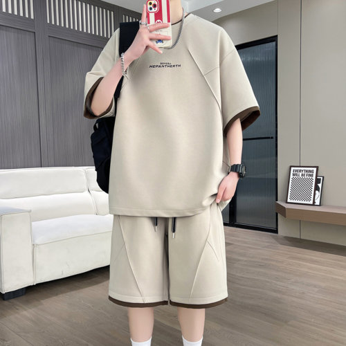 侨迪蒙拉夏季高品质男士短袖T恤青少年足球格两件套短裤运动套装