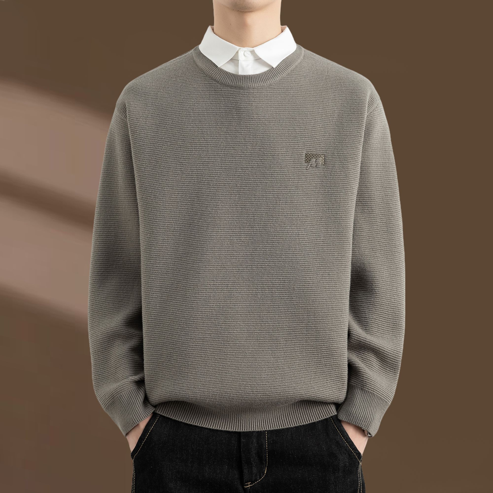 侨迪蒙拉秋冬季新款高级感衬衫领针织衫男加厚保暖内搭假两件毛衣