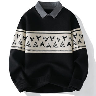 侨迪蒙拉潮牌高端秋冬季男士假两件针织衫加厚保暖打底衬衫领毛衣