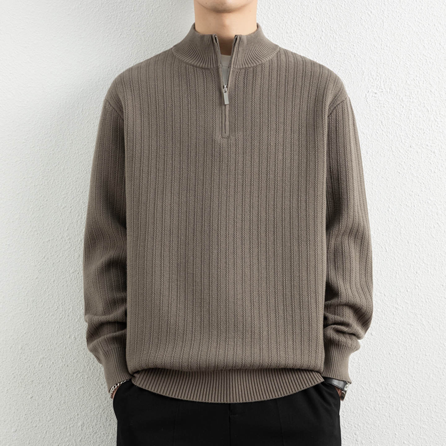 侨迪蒙拉半拉链肌理感加厚男士针织衫秋冬季保暖内搭打底潮牌毛衣