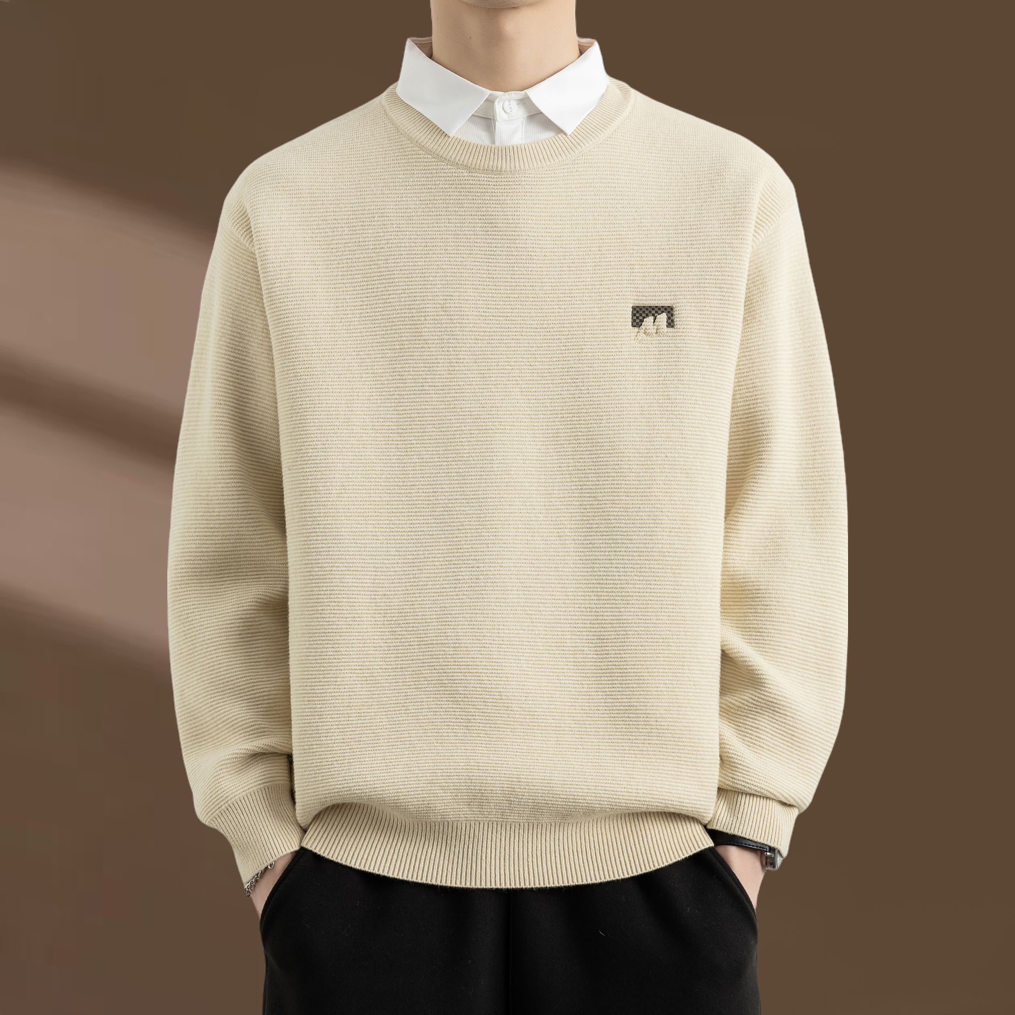 侨迪蒙拉秋冬季新款男内搭假两件毛衣加厚保暖打底衬衫领针织衫