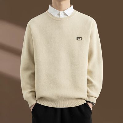 侨迪蒙拉秋冬季新款男内搭假两件毛衣加厚保暖打底衬衫领针织衫