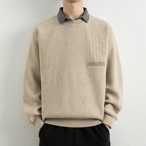 侨迪蒙拉高端衬衫领男士针织衫加绒加厚保暖内搭秋冬季假两件毛衣