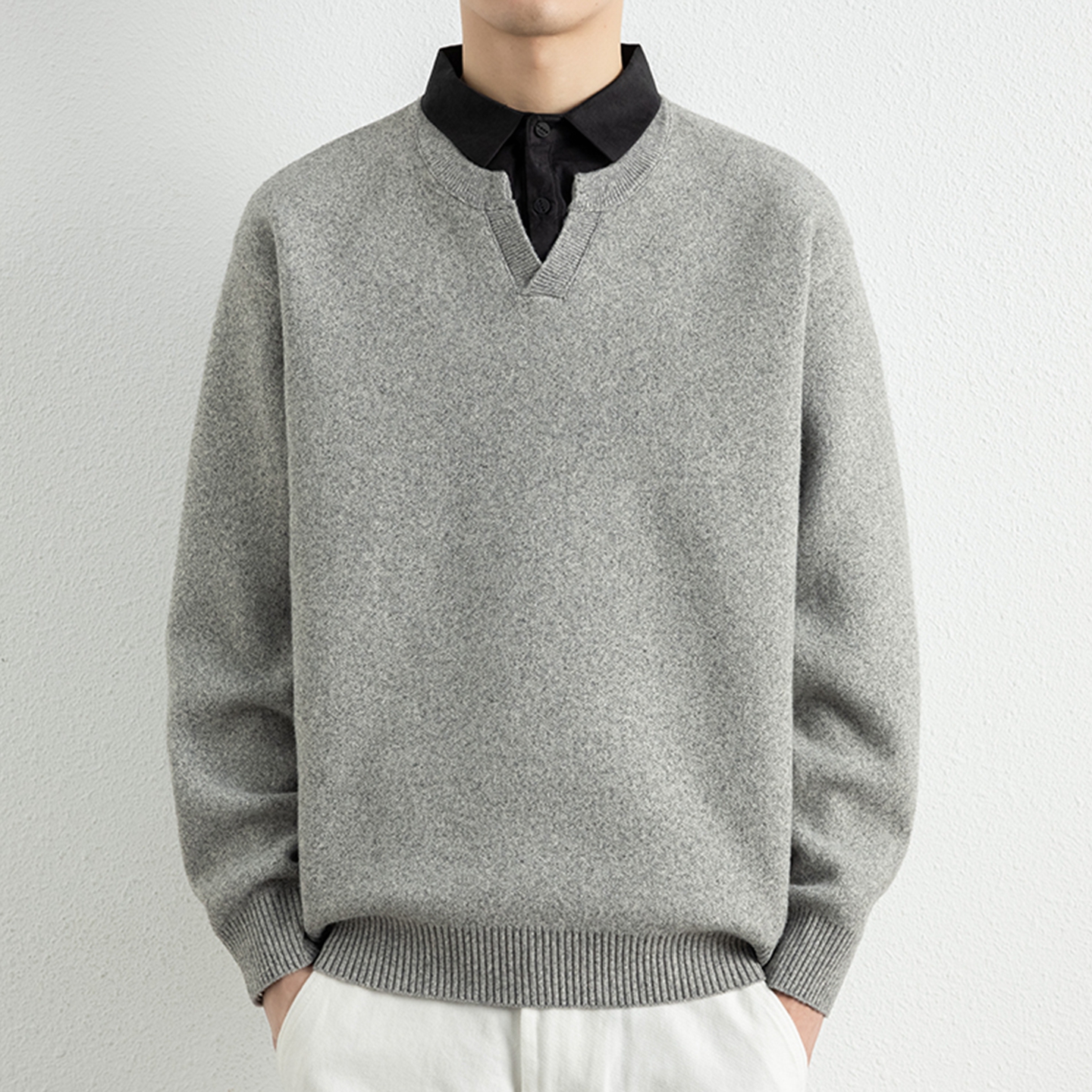 侨迪蒙拉2025新款秋冬季男士衬衫领针织衫加厚保暖假两件潮牌毛衣