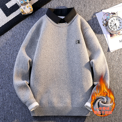 侨迪蒙拉高级感冬季男假两件衬衫领加绒加厚针织衫一体绒保暖毛衣