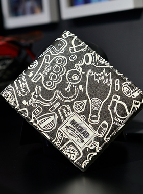 原创潮牌创意短款钱包男青少年涂鸦横款钱夹潮流韩版PU学生钱包薄