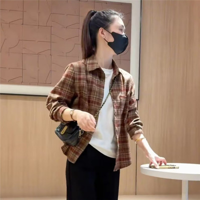 磨毛格子衬衫外套女长袖2025春季新款小个子爆款休闲宽松百搭上衣