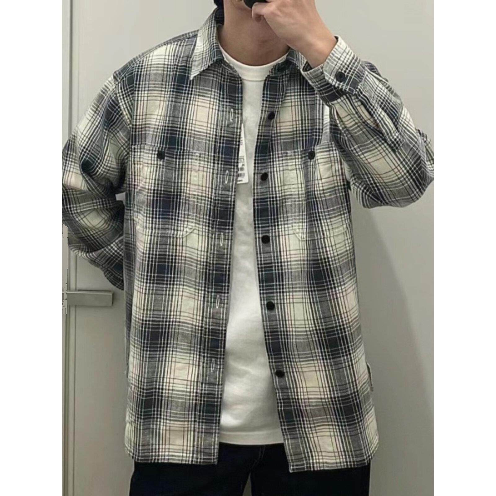 牛货春季男竹节棉格子衬衫长袖衬衣薄外套POLO领翻领日常休闲风