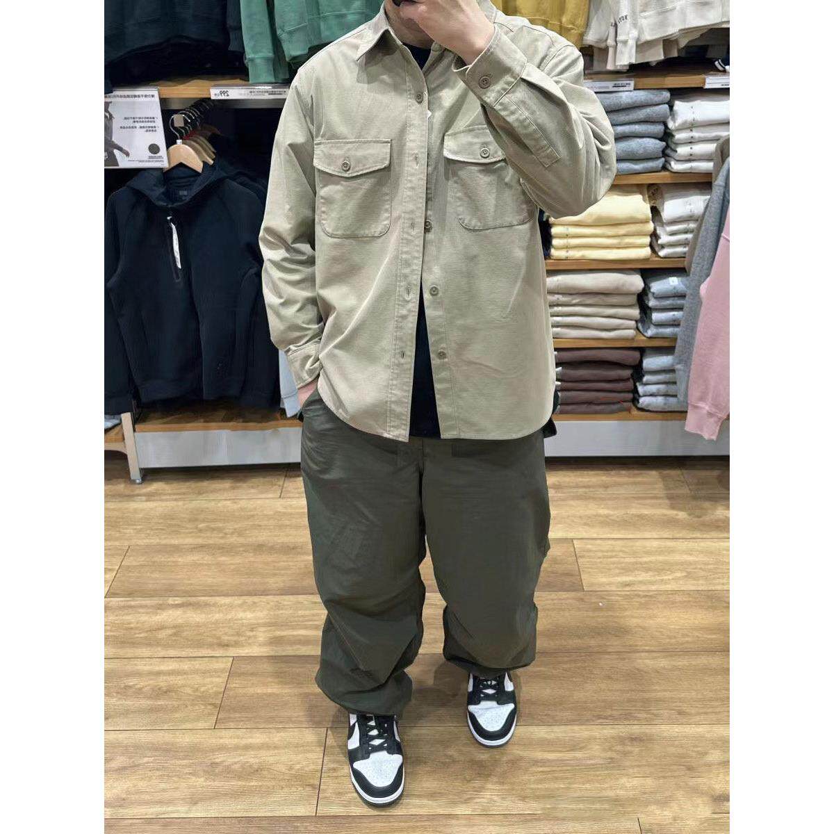 日系春秋男装宽松工装衬衫长袖衬衣休闲多口袋外套POLO领翻领米色