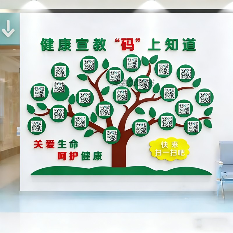 医院过道走廊健康宣教树二维码扫一扫文化墙科室护士前台照片墙贴