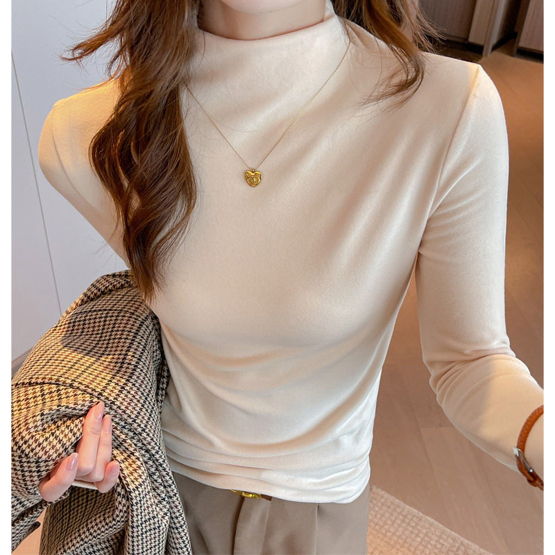 W秋冬季半高领德绒磨毛打底衫女高级感修身显瘦气质外穿内搭上衣