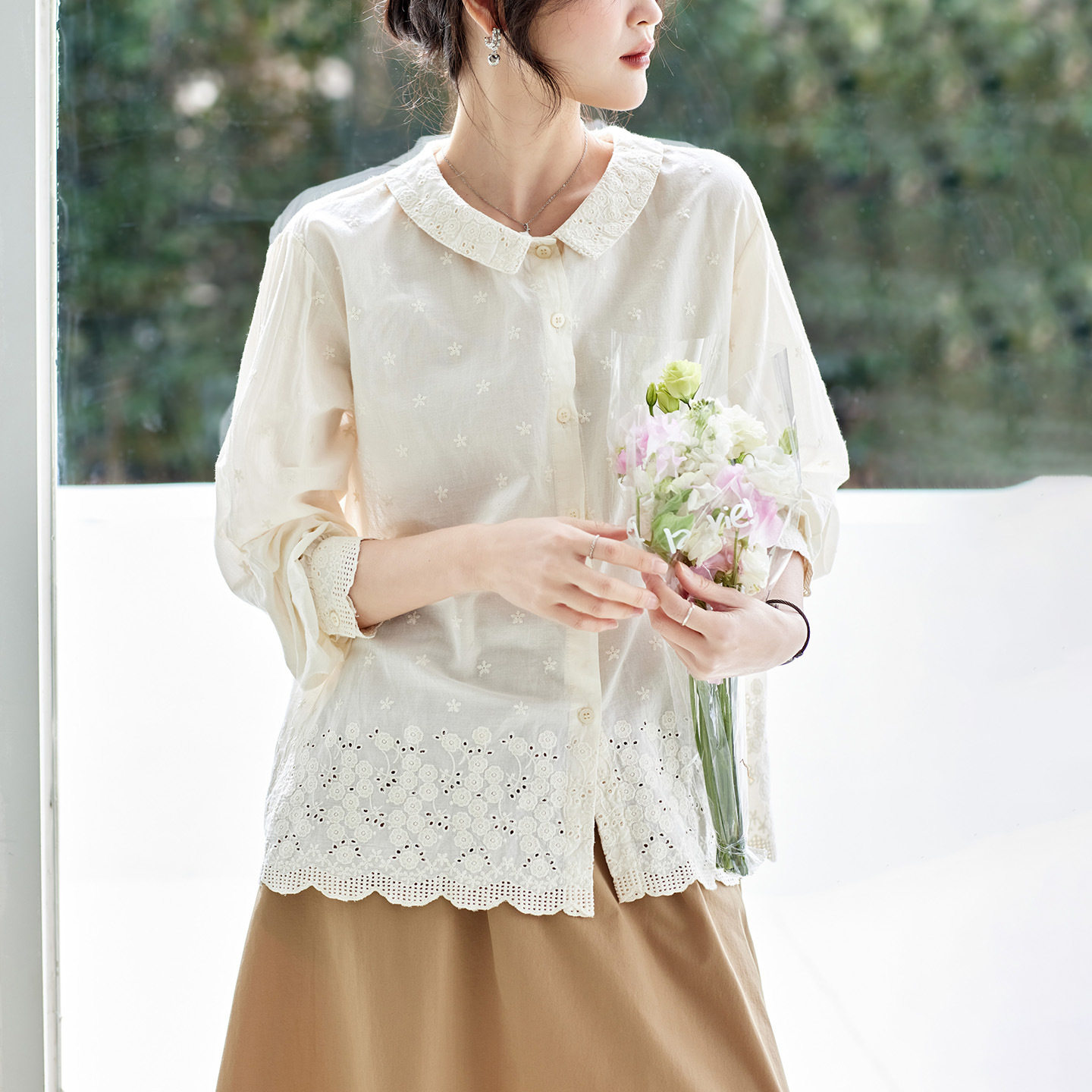 杏色绣花衬衫女长袖2026春装新款纯棉刺绣镂空上衣新中式衬衣 - 淘宝联盟商品