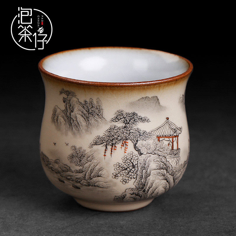 景德镇陶瓷杯子复古中国风汝窑功夫茶具小茶杯手绘茶碗品茗主人杯_虎窝淘