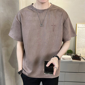 2023新款夏季短袖T恤男潮牌刺绣麂皮绒半袖 A313-5609-P48控价69图片