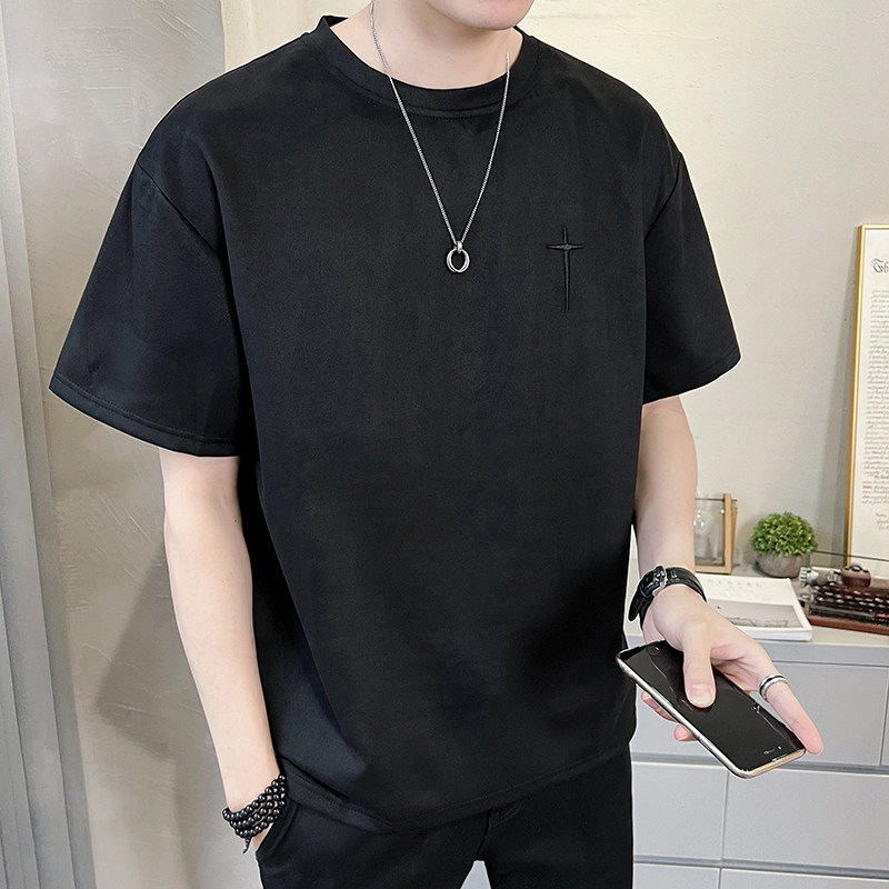 2023新款夏季短袖T恤男潮牌刺绣麂皮绒半袖A313-5609-P48控价69,男装T恤,电商A313