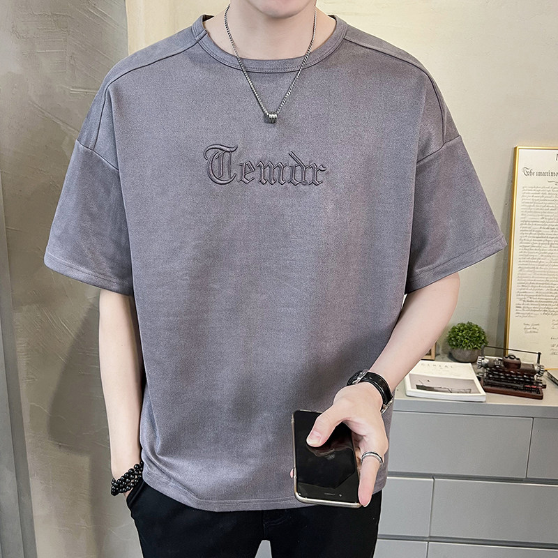 2023新款夏季短袖T恤男潮牌刺绣麂皮绒半袖A313-6906-P48控价69,男装T恤,电商A313