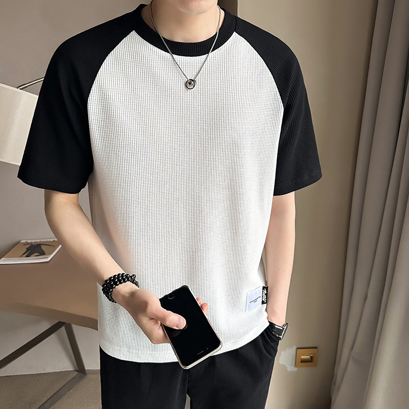 2023新款夏季短袖T恤男潮牌华夫格拼接半袖体恤A313-32342-P38,男装T恤,电商A313