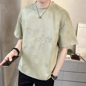 2023新款夏季短袖T恤麂皮绒潮牌刺绣男装半袖A313-5623-P48控价69图片