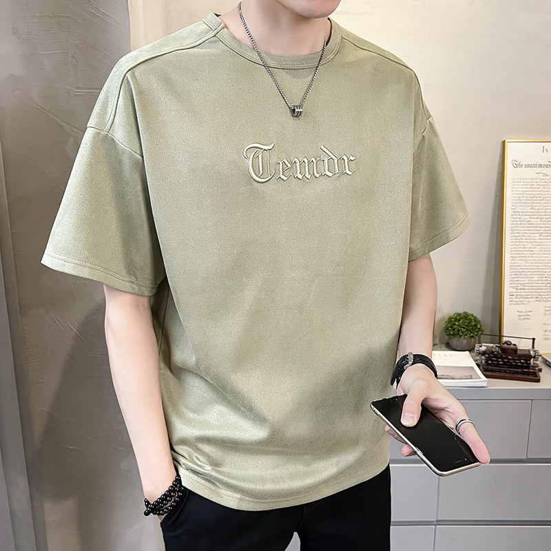2023新款夏季短袖T恤男潮牌刺绣麂皮绒半袖A313-6906-P48控价69,男装T恤,电商A313