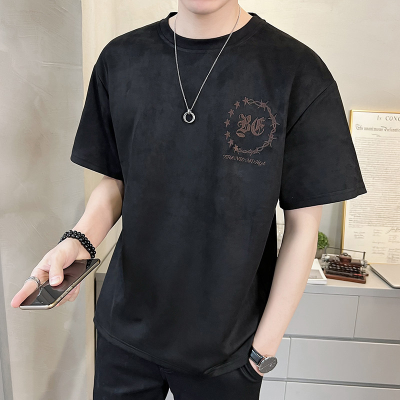 夏季2023新款短袖T恤潮牌麂皮绒刺绣男装半袖A313-5625-P48控价69,男装T恤,电商A313