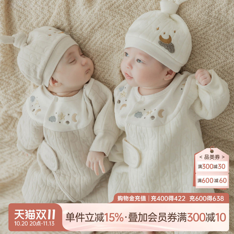 乖奇熊新生儿宝宝夹丝棉连体衣秋冬季保暖睡衣婴儿绑带哈衣和尚服