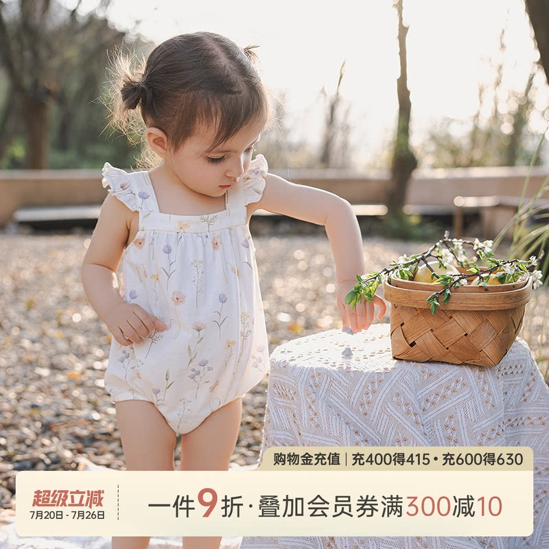 乖奇熊婴幼儿纯棉吊带连体包屁衣夏季薄款女宝宝可爱无袖三角哈衣